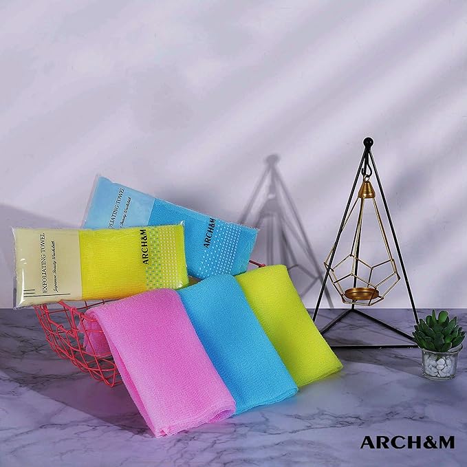 ARCH&M 12-Pack Premium Nylon Exfoliating Washcloth Towel - 35-Inch Quick-Dry, Hygienic Japanese Washcloth for Body & Back - Durable, Machine Washable, Long-Lasting