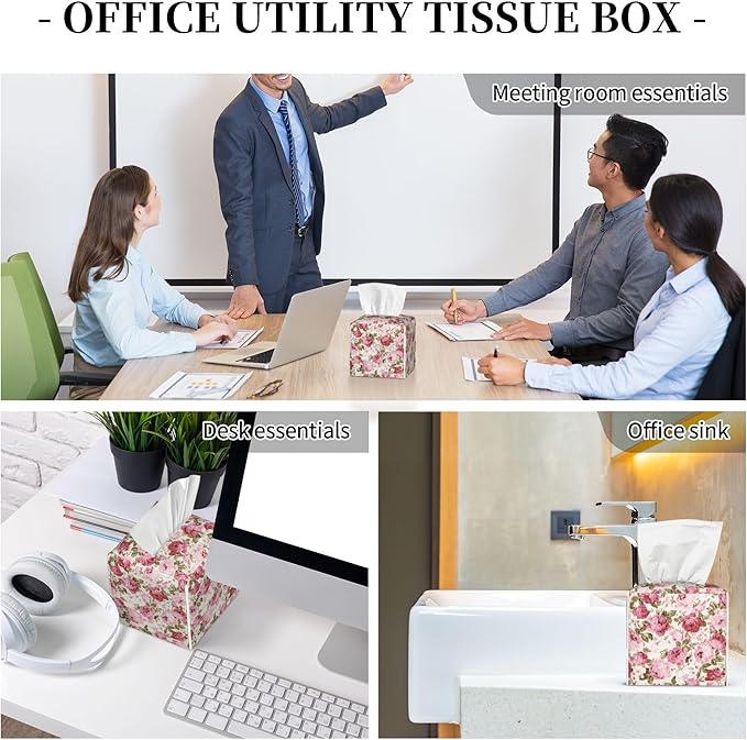 Vintage Rose Flowers Leaves Tissue Box Cover Square,Pink Floral Plants Tissue Box Holder Waterproof Leather Facial Paper Organizer Dispenser for Bathroom Home Car Nightstand Vanity Desk