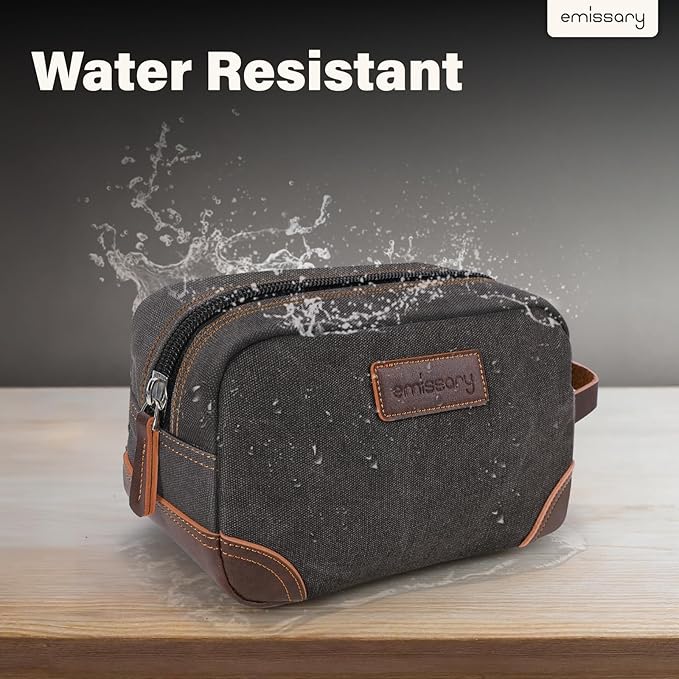 emissary Men's Canvas Travel Toiletry Bag, Leather Dopp Kit - Gray