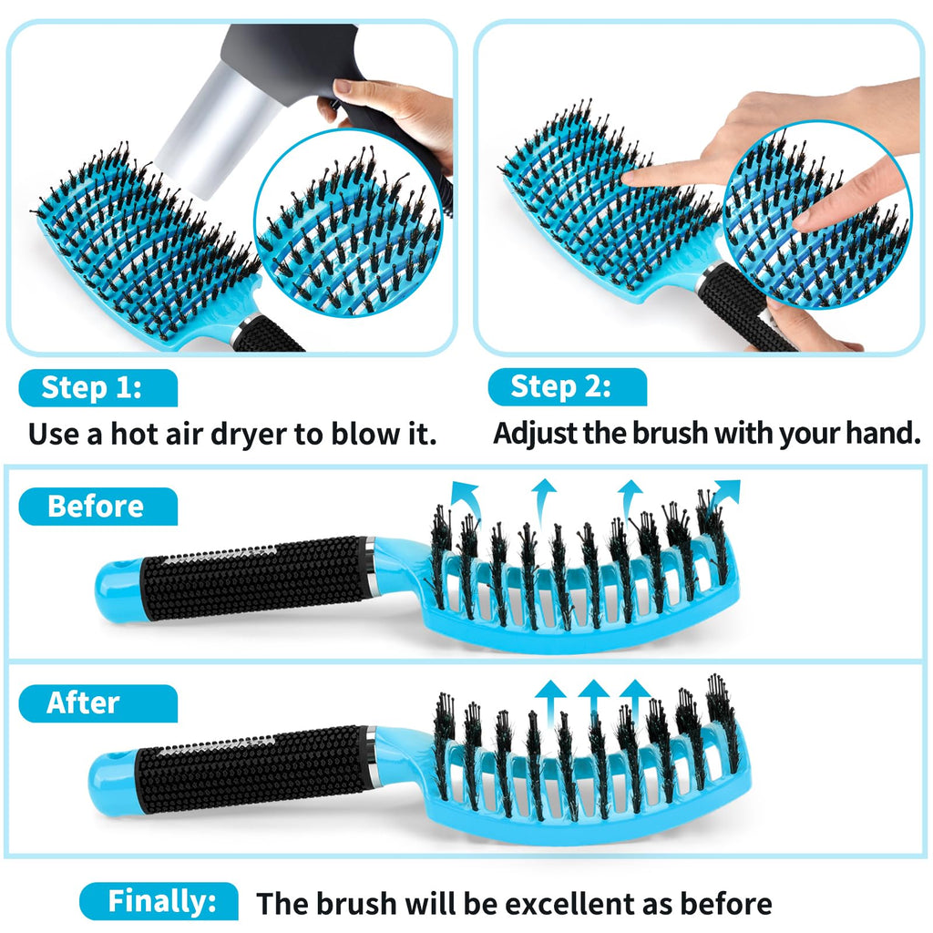 Boar Bristle Hair Brush Set of 2, HIPPIH Wet & Dry Hair Brushes Made by Fine Natural Boar Hair Can Adds Shine and Smoothing, Detangling Hairbrush for Women, Men & Kids' Long Curly Thick Hair