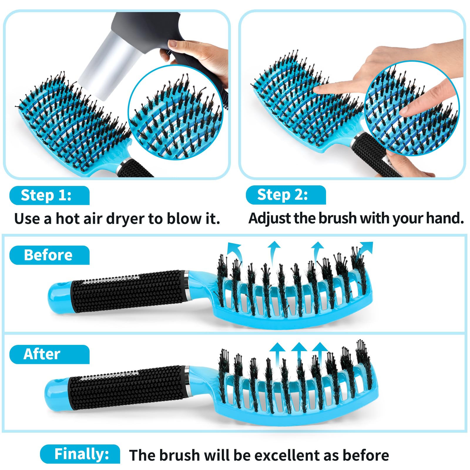Boar Bristle Hair Brush Set of 2, HIPPIH Wet & Dry Hair Brushes Made by Fine Natural Boar Hair Can Adds Shine and Smoothing, Detangling Hairbrush for Women, Men & Kids' Long Curly Thick Hair