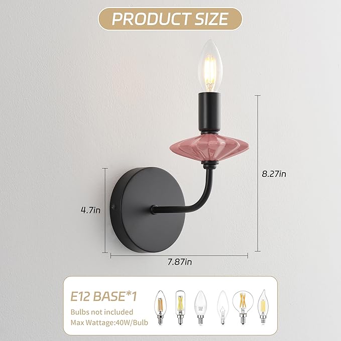 Modern Retro Wall sconces Set of Two with Pink Ceramic Flower Decoration,Black Wall Lights, Hardwired Vintage Vanity Light for Bathroom, Living Room, Bedroom, and hallways.