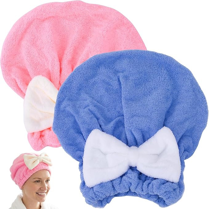 YALOJE 2 Pcs Hair Towel Wrap for Women, Microfiber Quick-Drying Hair Towel, Super Absorbent Soft Towel Wrap for Wet Hair Caps with Bow for Women Bathroom Bag- Pink, Blue