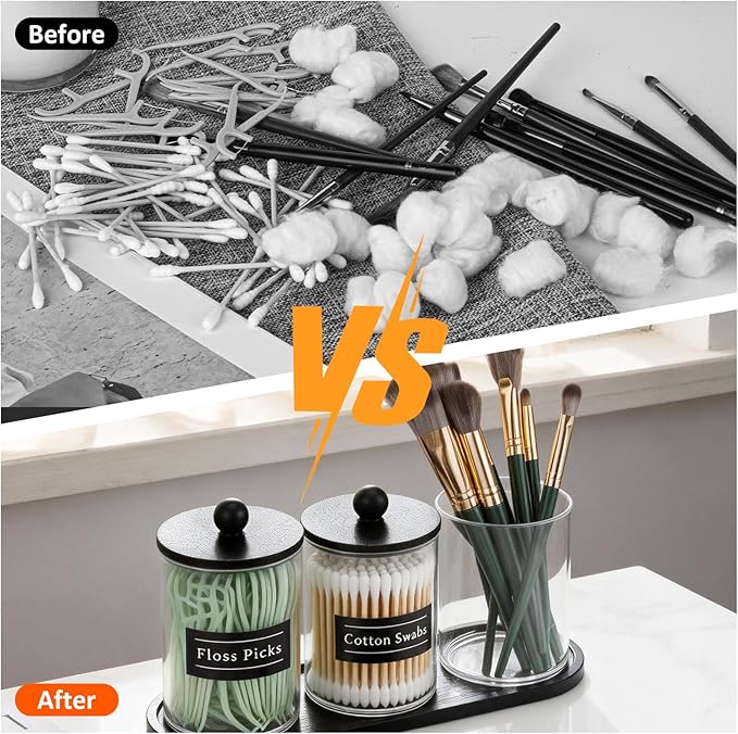 Vituney 3 Pack 10 oz Acrylic Qtip Holder with Tray Labels Dispenser- Bathroom Small Clear Plastic Canister Apothecary Jar Set Essentials Accessories Decor, Vanity Storage Organizer