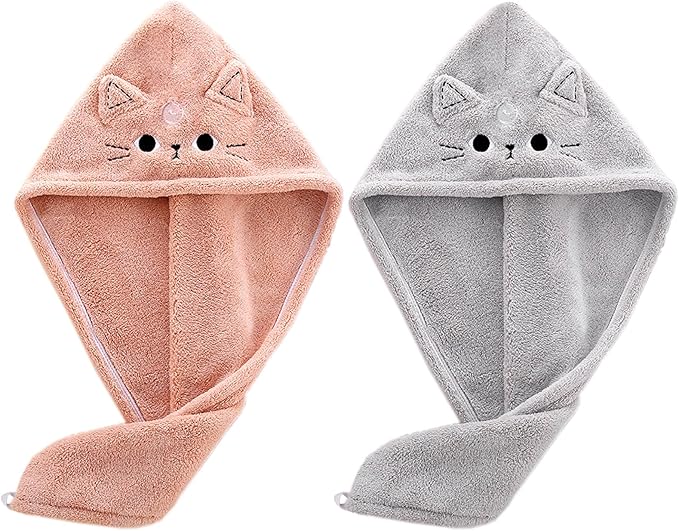 2Pack Microfiber Hair Towel Wrap for Kids, Cute Cat Absorbent Hair Drying Turbans Head Towels for Women Girls (Pink and Gray cat)