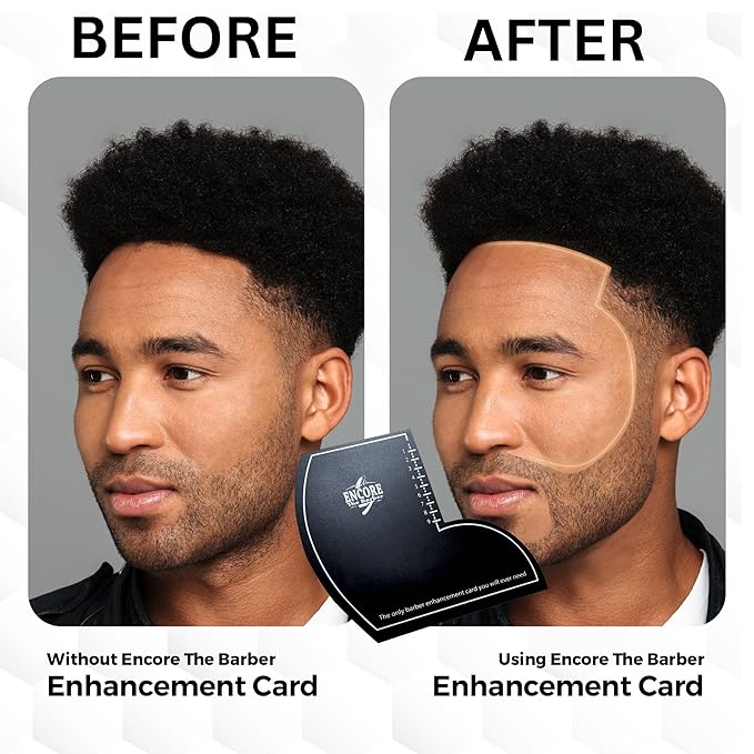 ENCORE THE BARBER Enhancement Card (Black) | for barbers | crispy lines | hairline repair | Beard lineup | Outline shapeup tool | Design ruler | fiber application guide | waterproof