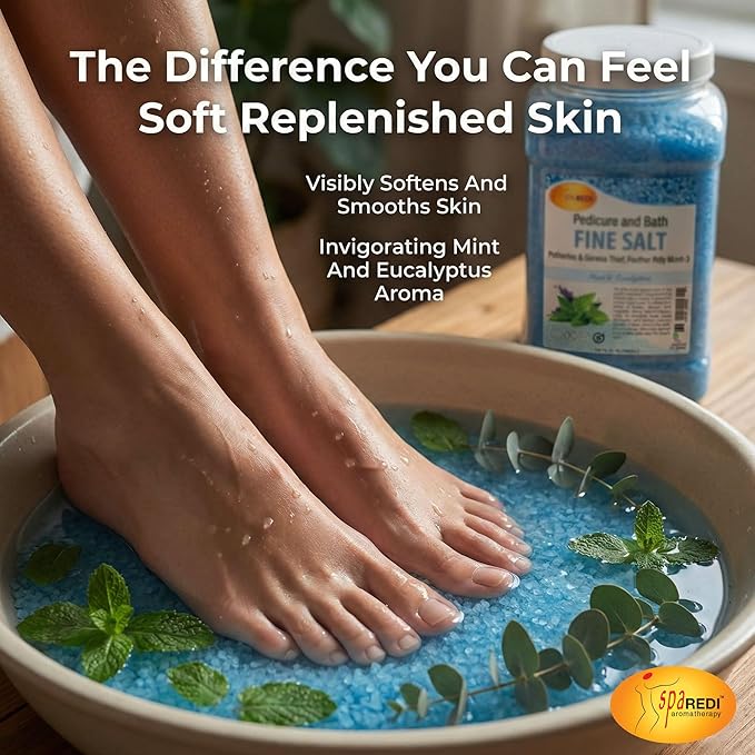 SPA REDI - Detox Foot Soak Pedicure and Bath Fine Salt, Mint and Eucalyptus, 128 Oz - Made with Dead Sea Salts, Argan Oil, Coconut Oil, and Essential Oil - Hydrates, Softens & Moisturizes Pkg May Vary
