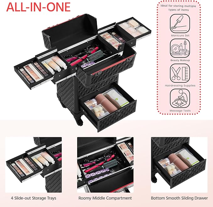 Yaheetech Rolling Makeup Train Case with a Drawer Nail Trolley Black/Red
