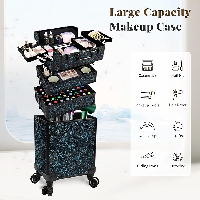 JINGUAN Profesional Rolling Makeup Train Case with Lid, 5 in 1 Cosmetology Case on Wheels, Large Cosmetic Trolley Organizer Travel for Hairstylist Artist Nail Beauty Salon Barber, Blue