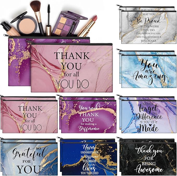 Yahenda 16 Pcs Graduation Canvas Makeup Bags Bulk for Women Appreciation Inspirational Gifts Cosmetic Zipper Pencil Pouch Travel Toiletry Bag for Teacher Birthday Mother's Day(Marble)