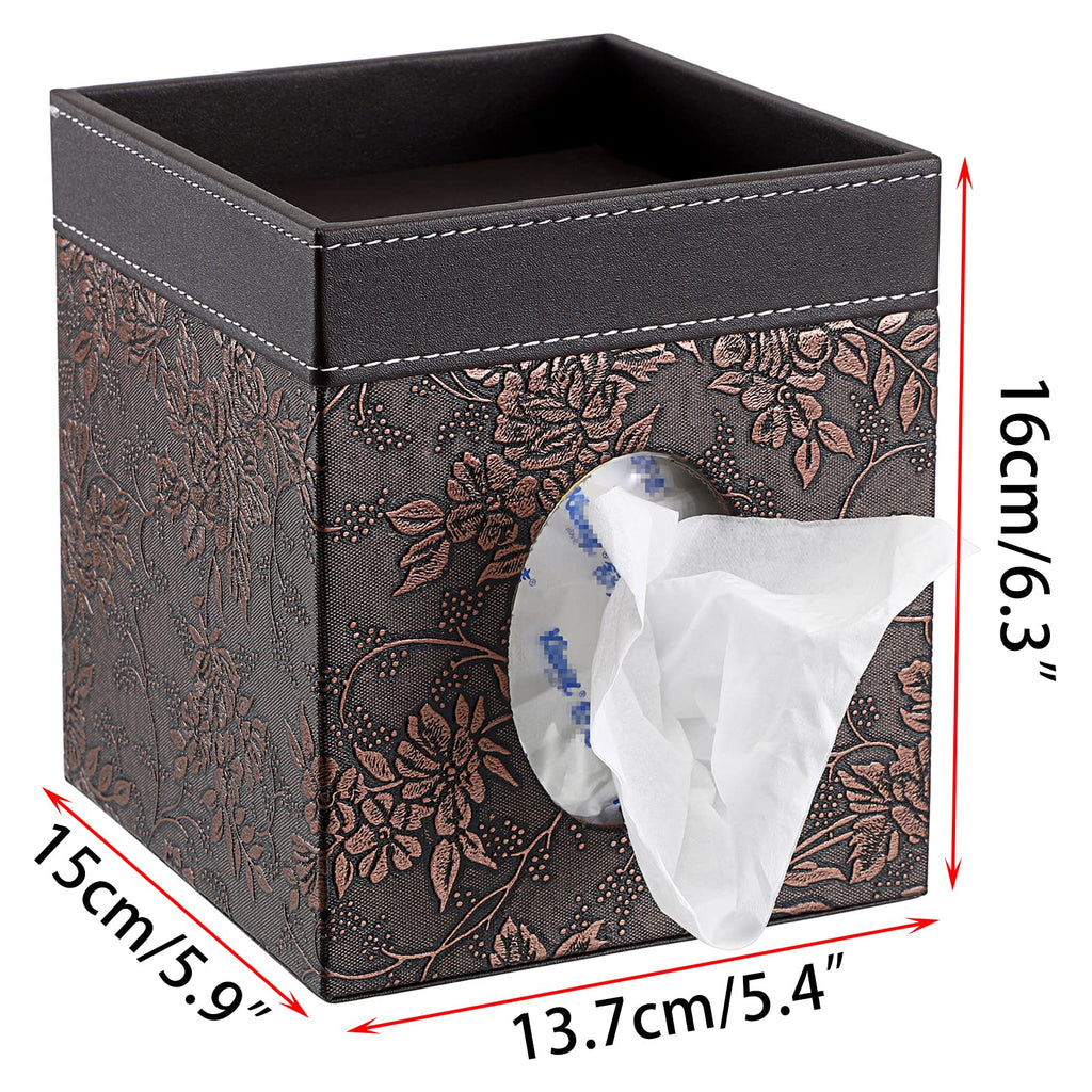 Sumnacon Leather Square Tissue Box Cover - Decorative Cube Tissue Box Holder with Tray, Stylish Facial Tissue Holder for Bathroom Vanity Dresser Table Home Office Bar, Brown Flower