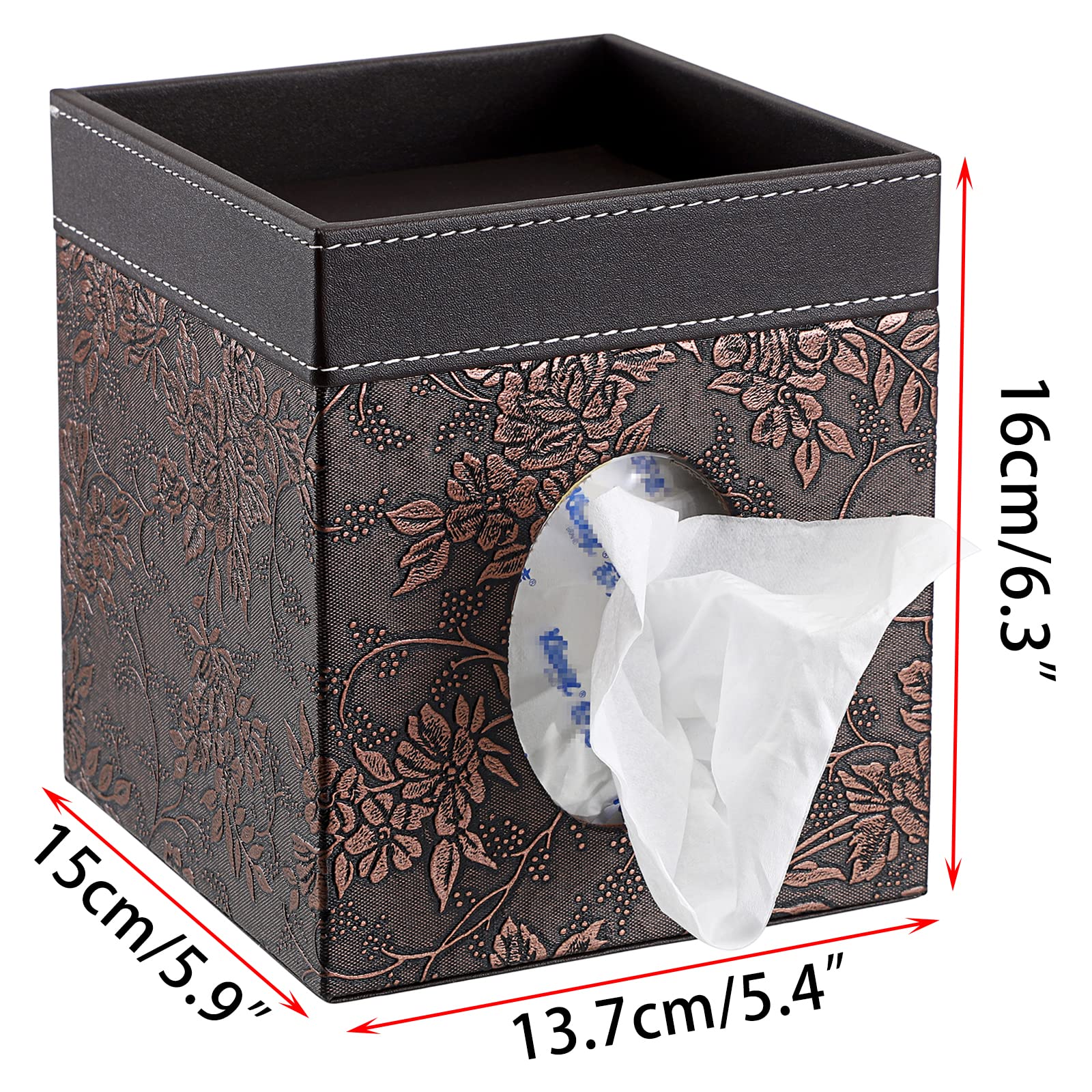 Sumnacon Leather Square Tissue Box Cover - Decorative Cube Tissue Box Holder with Tray, Stylish Facial Tissue Holder for Bathroom Vanity Dresser Table Home Office Bar, Brown Flower