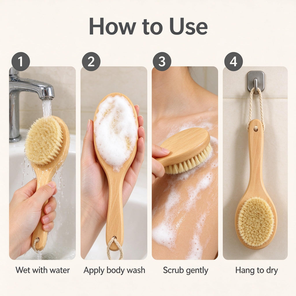 Short Handle Body Brush, Natural Bristles Wooden Bath Brush Shoulder Back Exfoliating Dry Brushing Skin Care