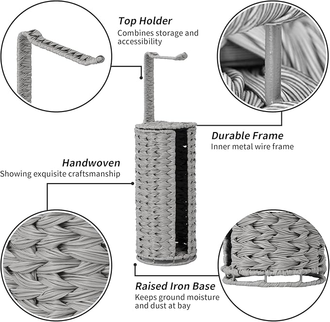 GRANNY SAYS Wicker Freestanding Toilet Paper Holder Stand with Storage, Modern Covered Toilet Paper Stand for 4 Rolls with Shelf for Wet Wipes, Tissue Holder for Bathroom Decor and RV, Gray