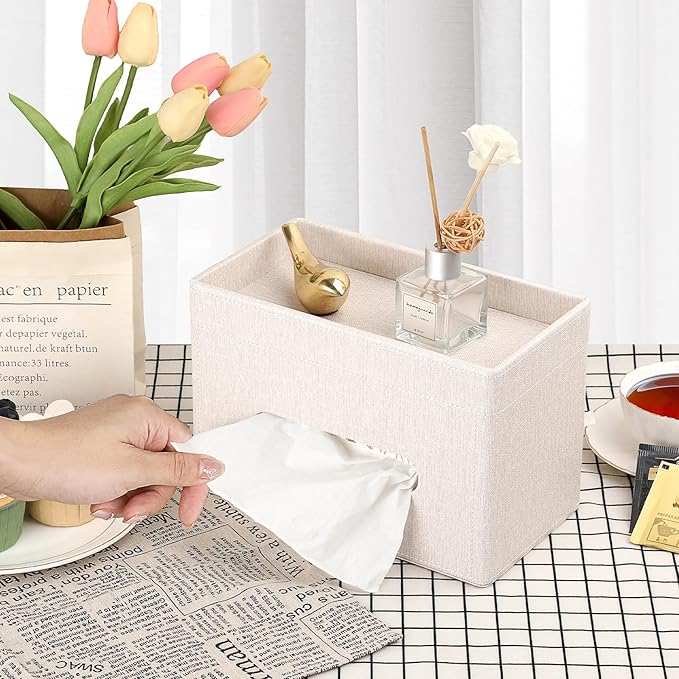 Sumnacon Tissue Box Cover with Storage Tray, Decorative Rectangular Tissue Holder Linen Facial Tissues Organizer Stylish Modern Tissue Dispenser for Bathroom Toilet Tank Vanity Dresser Table