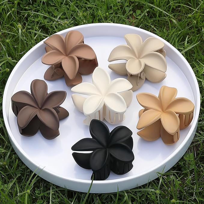 Sisiaipu Hawaiian Plumeria Flower Claw Hair Clips - 6 Pcs Large for Thick Hair and Thin for Beach, Hair Accessories for Women and Girls - Khaki