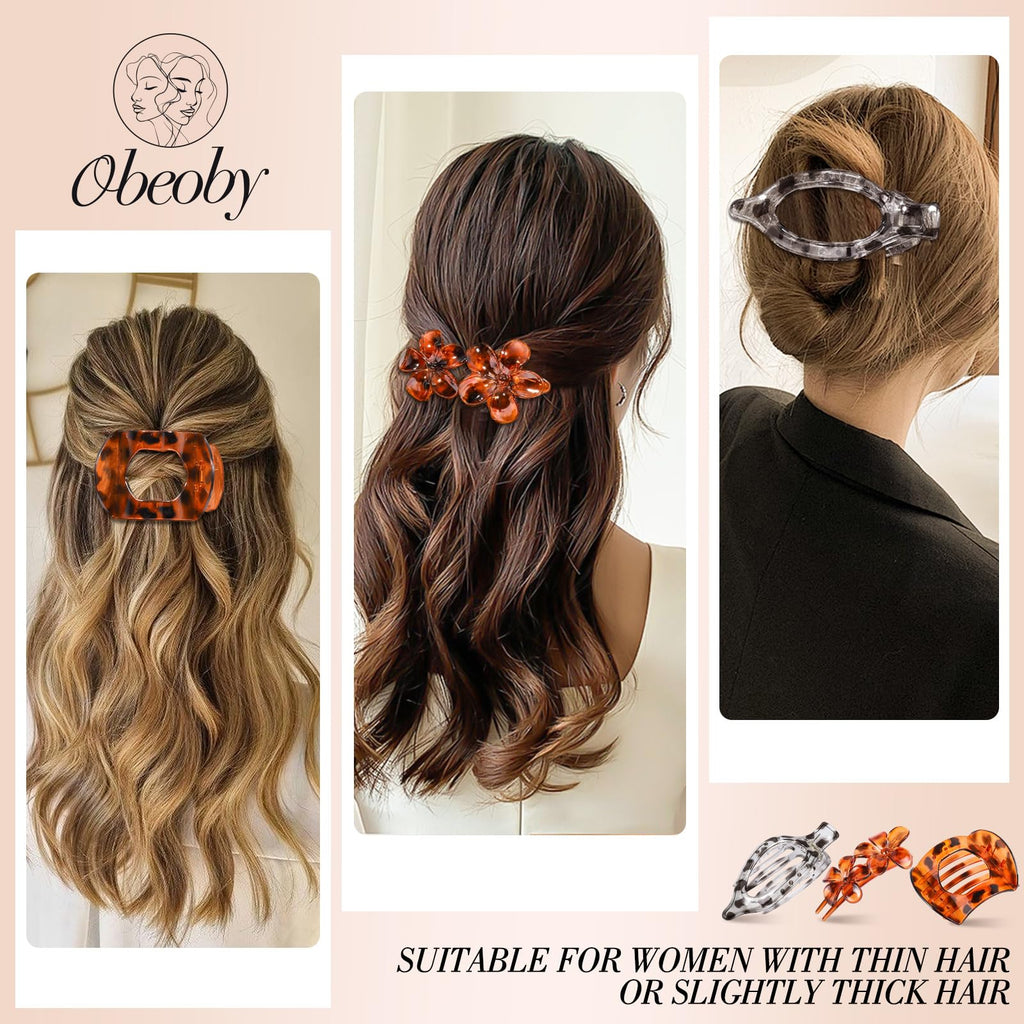 Obeoby 8 Pcs Flat Hair Clips for Women, 4 Types French Flat Claw Clips Hair Accessories Barrettes Large Medium (Tortoiseshell)