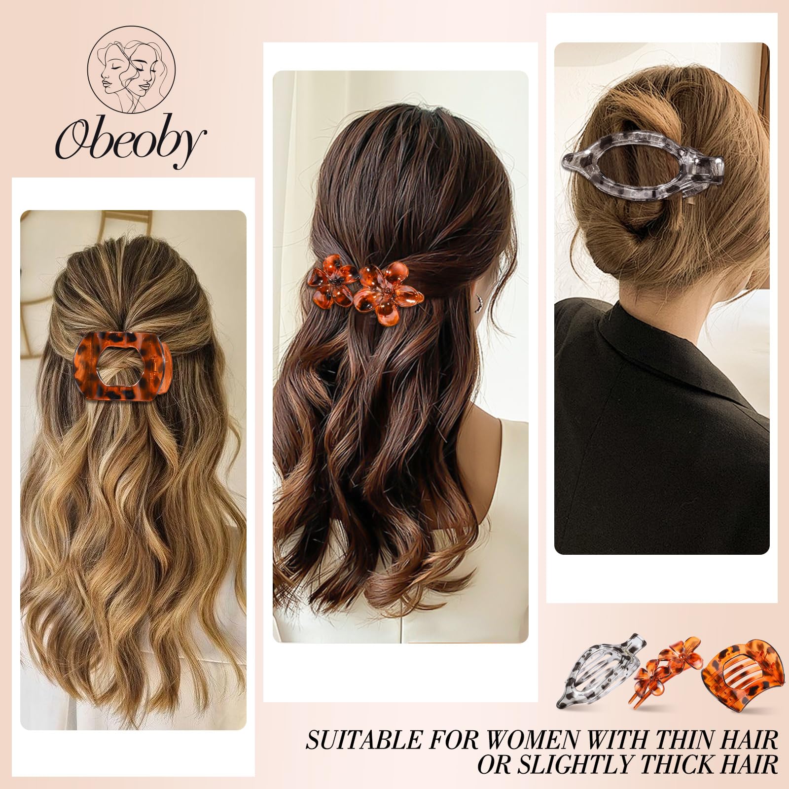 Obeoby 8 Pcs Flat Hair Clips for Women, 4 Types French Flat Claw Clips Hair Accessories Barrettes Large Medium (Tortoiseshell)