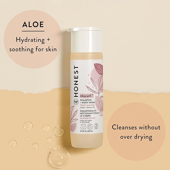 The Honest Company 2-in-1 Cleansing Shampoo Body Wash Gentle for Baby, Naturally Derived Tear-free Hypoallergenic Sweet Almond Nourish 10 fl oz