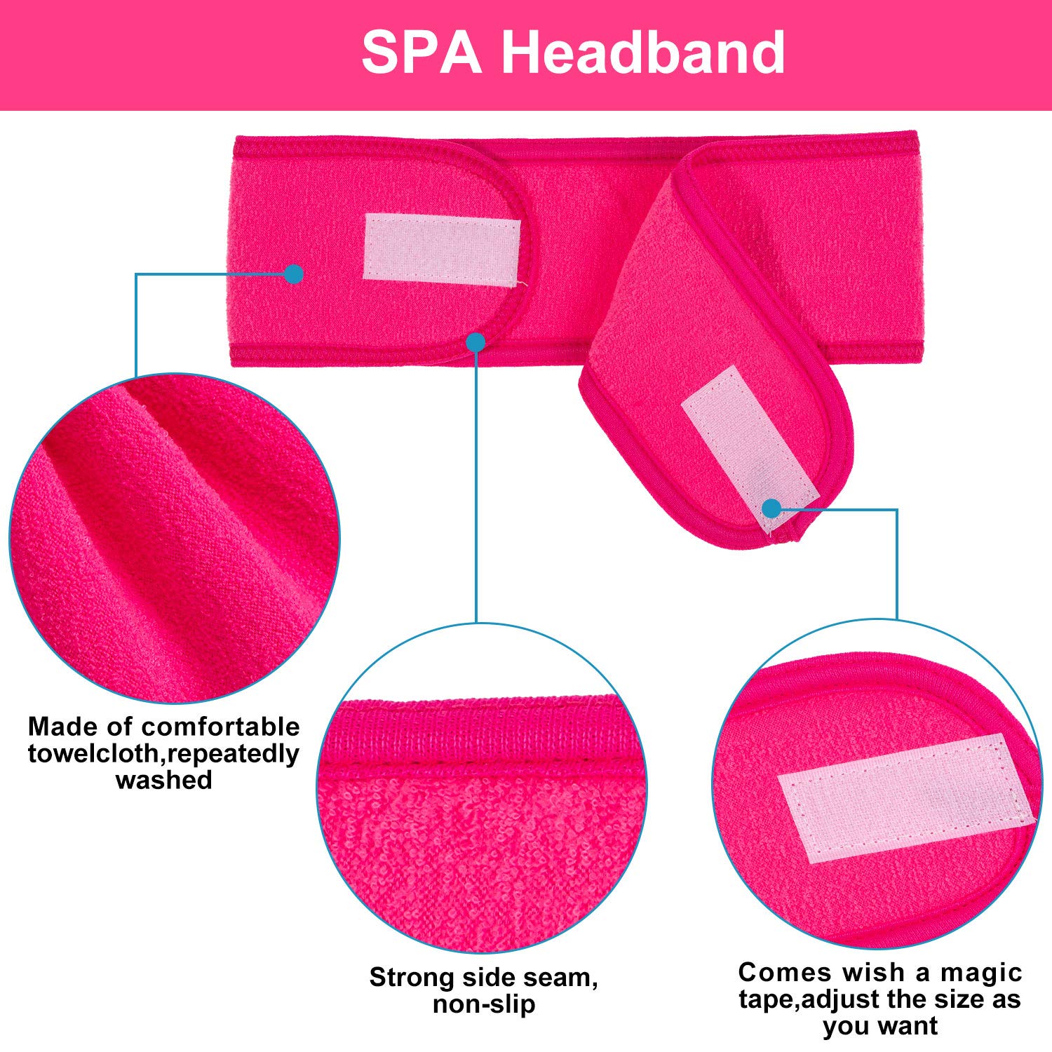 Whaline Spa Facial Headband 4 Packs Head Wrap Terry Cloth Headband Adjustable Stretch Towel Band for Bath, Makeup and Sport (Rose Red)