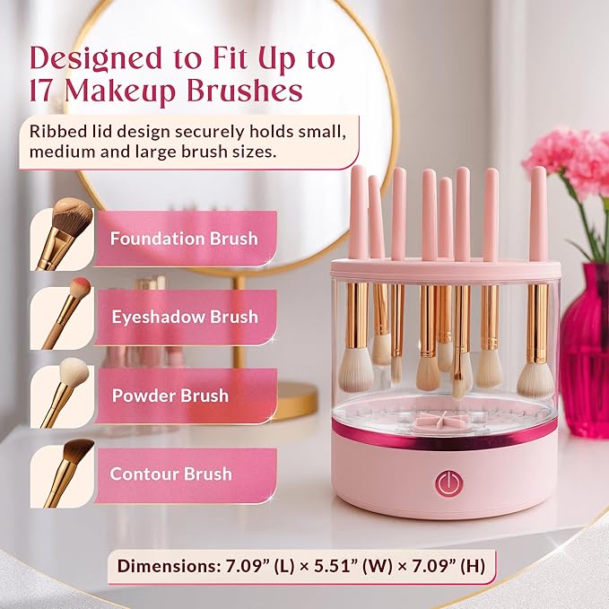 360° Makeup Brush Cleaner – Dual Spin Electric Makeup Brush Cleaning Machine, Holds 17 Brushes, Portable and Compact Design for Travel & Home Use, Perfect Brush Cleaner for Makeup Professionals
