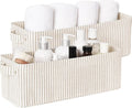 StorageWorks Narrow Storage Bins, Small Basket for Closet and Shelves, Fabric Organizer with Handles, Toilet Paper Storage, Khaki and Beige Stripes, 2-Pack