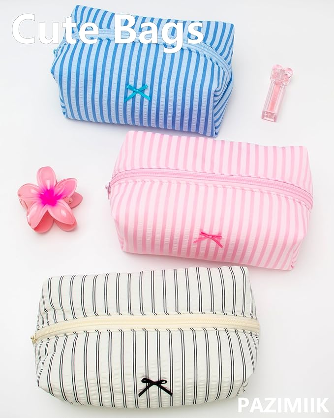 PAZIMIIK Cozy Makeup Bag for Women,Zipper Cosmetic Pouch,Stripe Lake Blue