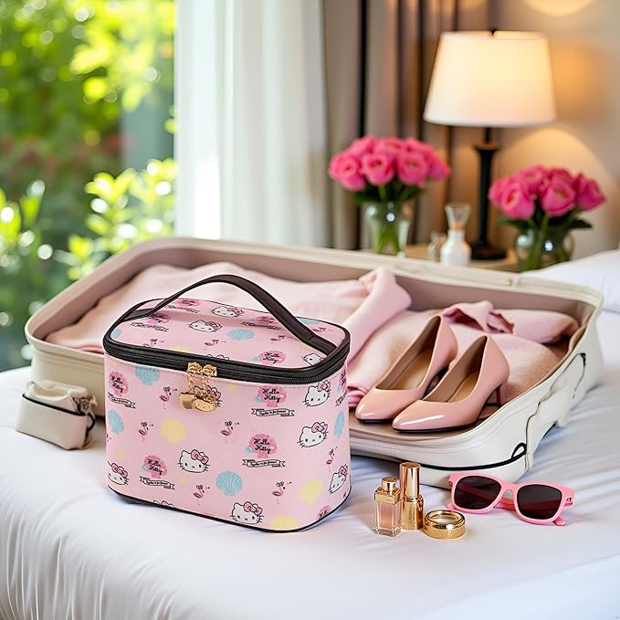 Vimanllie Cosmetic Bag Large Makeup Bag |Travel Toiletry Bags Organizer for Women | Pink Canvas Case with Brush Holder for Girls - Beauty Organizer for Home & Travel with Handle