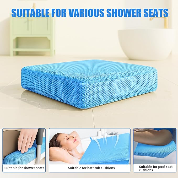 Gwremzlox Shower Seat Cushion,Thickened Shower Chair Cushion 4D Air Fiber Material,Machine Washable and Fast Drying Suitable for Shower Seats Bathtub Baths, Poolside & Rest Dressing Room Seats，Blue