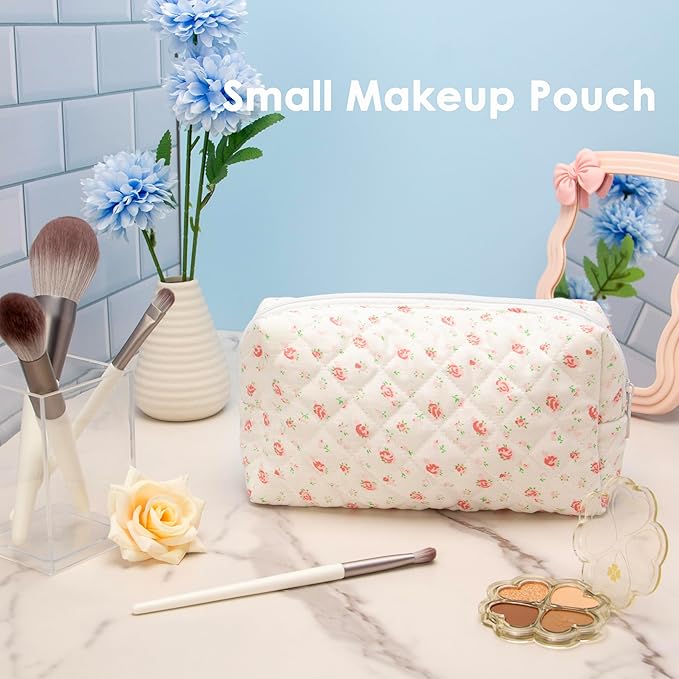 PAZIMIIK Small Quilted Makeup Bag,Zipper Cosmetic Pouch,Gauze Rose,2 Pack