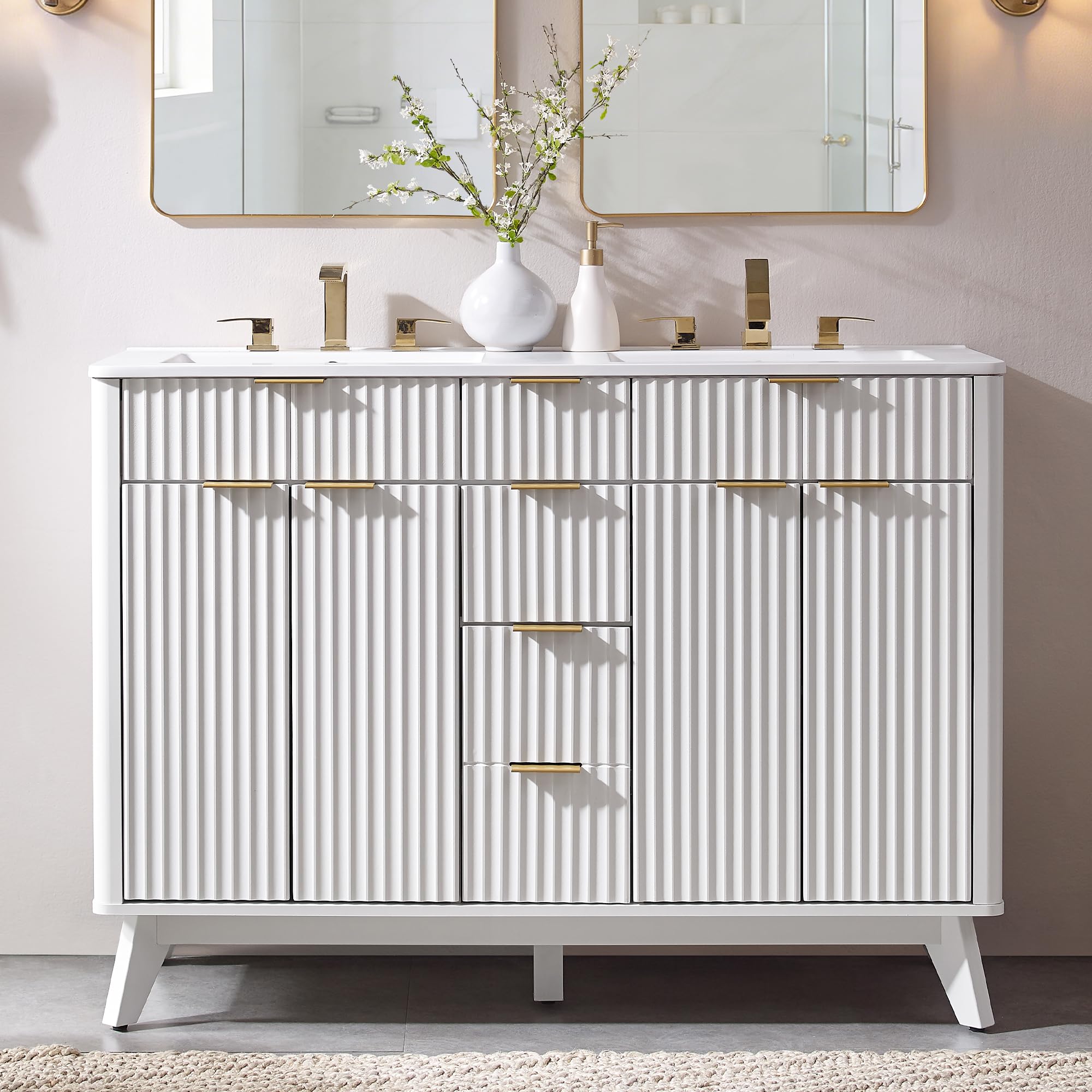 T4TREAM 48" Fluted Bathroom Vanity with Resin Sink Combo, White