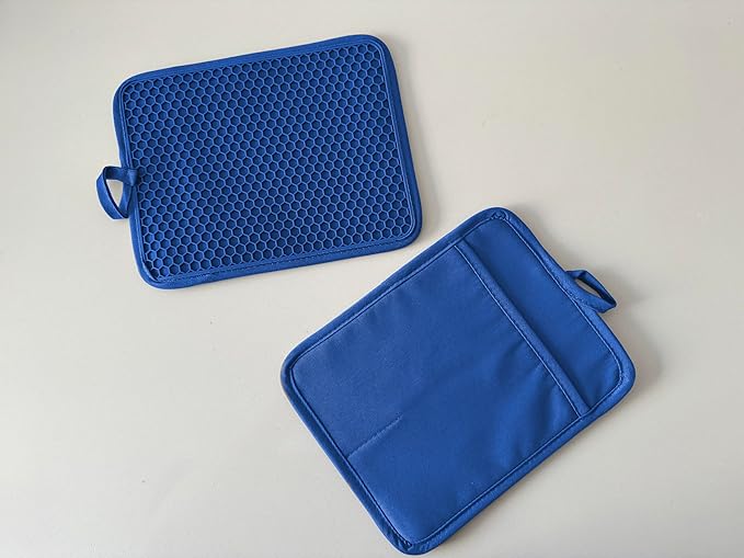 VEIKERY Oven Pot Holder with Pocket Cotton Heat Resistant Coaster Potholder Kitchen Hot Pad Oven Mitts for Cooking and Baking Square 7"x9" (Klein Blue, Silicone)