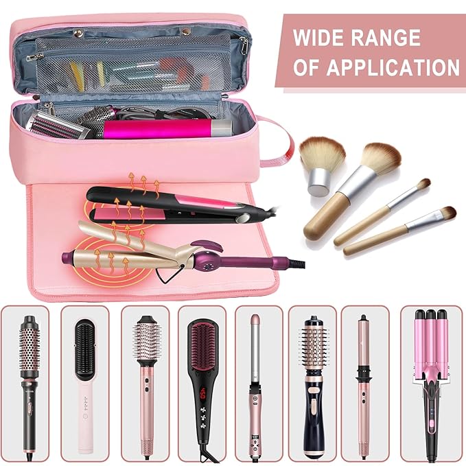 FAMOPLAY Hair Tools Travel Bag with Heat Resistant Pad, Double-Layer Travel Carrying Case for Straightener, Curling Iron, Hair Dryer, Portable Organizer