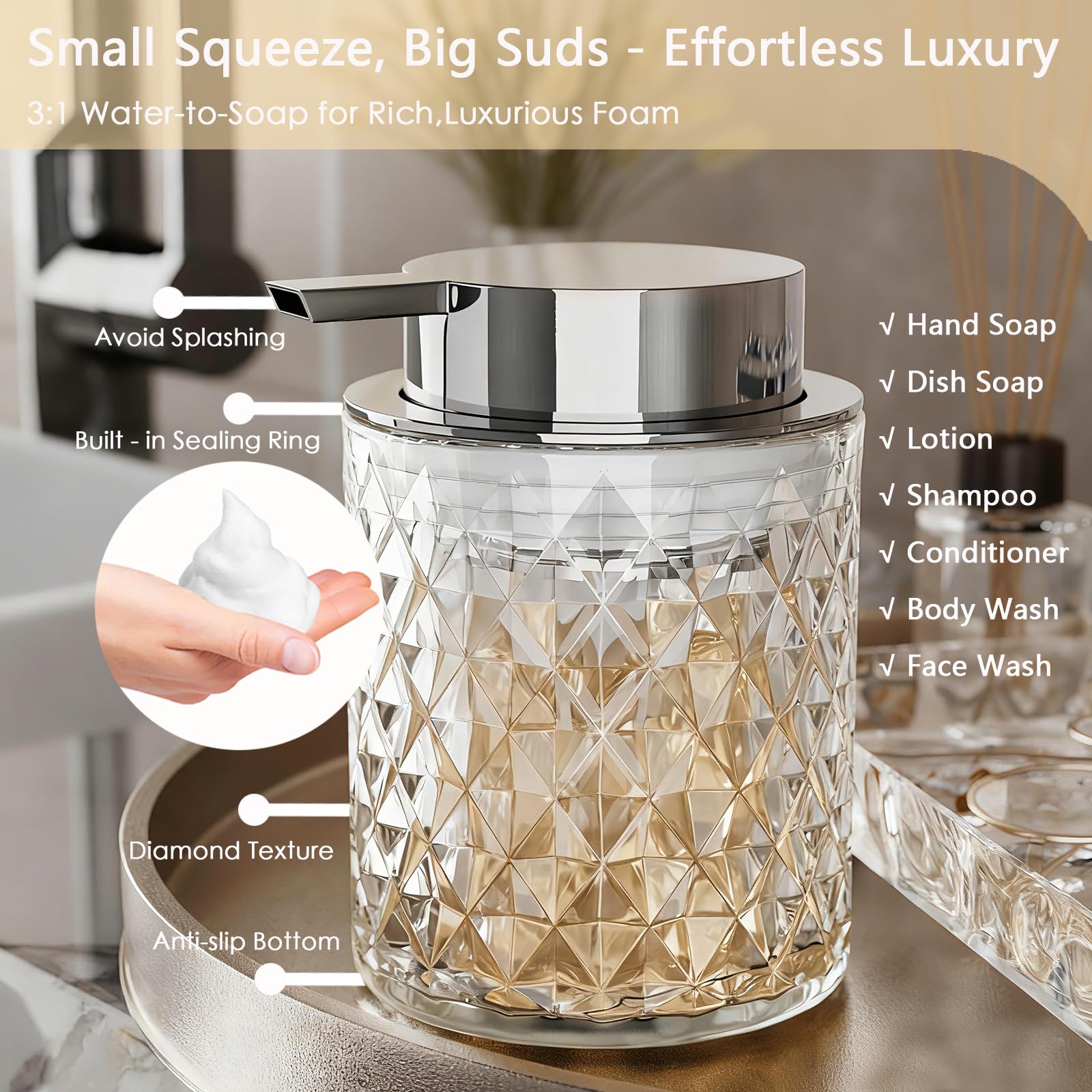 Glass Bathroom Accessories Set 5Pcs Crystal - Foaming Soap Dispenser, Soap Dish, Cup, Acrylic Toothbrush Holder with Tray Organizer, Qtip Jar, Bathroom Counter Set Sink Decor (Clear)