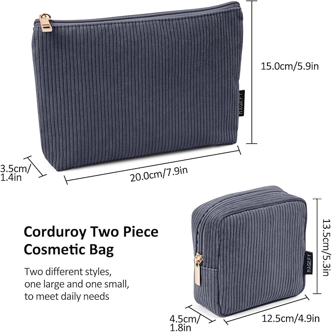 MAGEFY Small Makeup Bag, 2 Pcs Corduroy Makeup Bag for Purse Make Up Organizer Bag Mini Pouch with Slip-in Pockets Aesthetic Preppy Stuff - Black