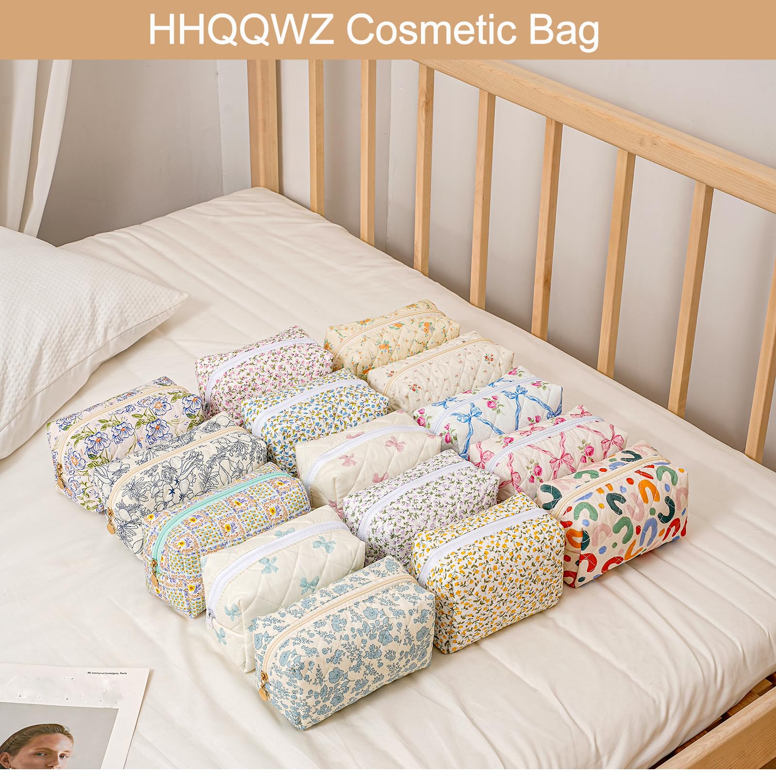 HHQQWZ Makeup Bag Travel Cosmetic Bag for Women Girls, Zipper Make Up Pouch, Floral Flowers Toiletry Organizer Makeup, Portable Storage Bag, Cosmetic Travel Cloth Bag (Blue Floral+Navy Blue Flower)