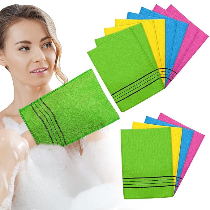 Tatuo 12 Pack Korean Exfoliating Mitt & Cloth, Viscose Rayon Dead Skin Remover Washcloth, Multi Color Body Scrub Towel for Shower Spa Travel(Large,Yellow, Green, Blue, Pink)