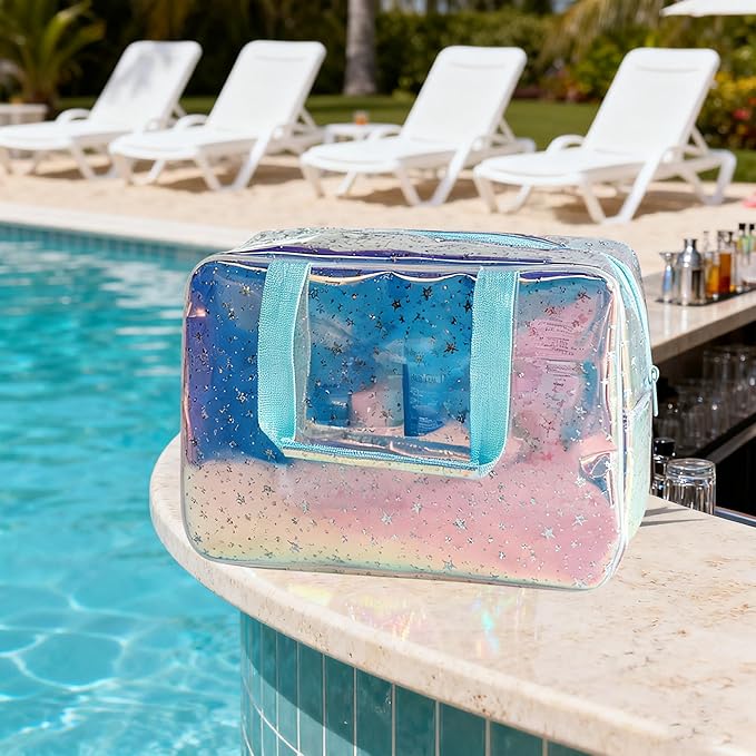 TotePrint Holographic Blue Clear Star Large Cosmetic Bag and TPU Travel Pouch with Handle,Durable Material,Zipper Design-Ideal for Makeup,Travel Essentials (Holographic Blue+Stars)