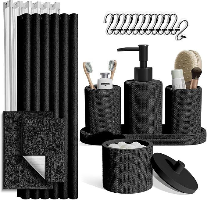 Clara Clark Bathroom Set - Coal Black Bathroom Accessories Set, 19PC Bathroom Accessory Set, Bathroom Sets with Shower Curtain Set, Soap Dispenser & Toothbrush Holder