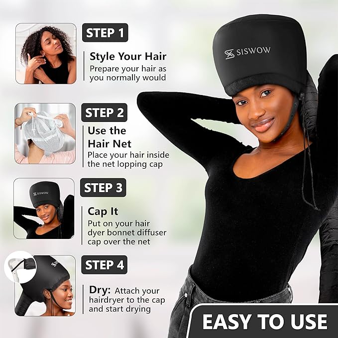 SISWOW 2-in-1 Curl Plopping Cap & Hooded Bonnet Hair Dryer Attachment, Define Curls & Reduce Frizz While You Dry, Hands-Free Diffuser Set for Wavy & Curly Hair, Net Plopping Cap + Headband + Bag