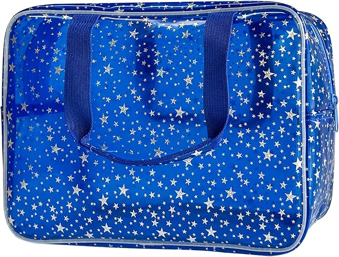 TotePrint Dark Blue Clear Star Large Cosmetic Bag and Travel Pouch with Handle,Durable Material,Zipper Design-Ideal for Makeup,Travel Essentials (Dark Blue)