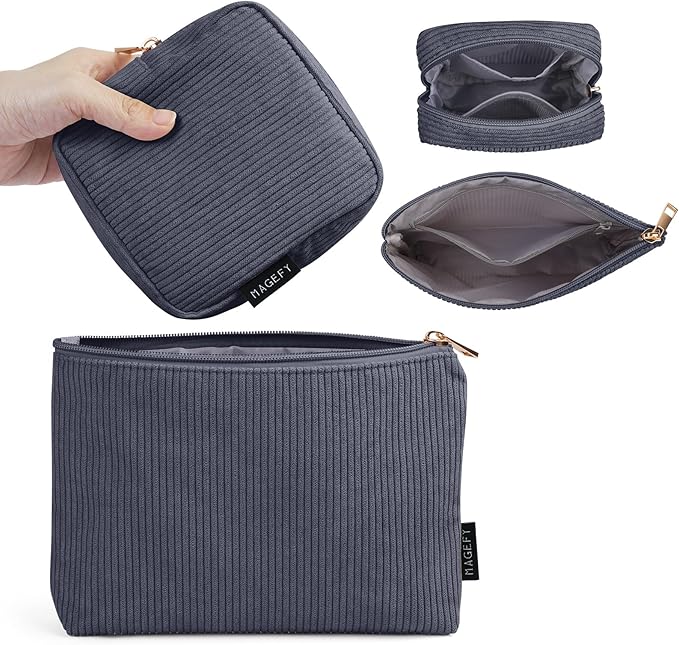 MAGEFY Small Makeup Bag, 2 Pcs Corduroy Makeup Bag for Purse Make Up Organizer Bag Mini Pouch with Slip-in Pockets Aesthetic Preppy Stuff - Black