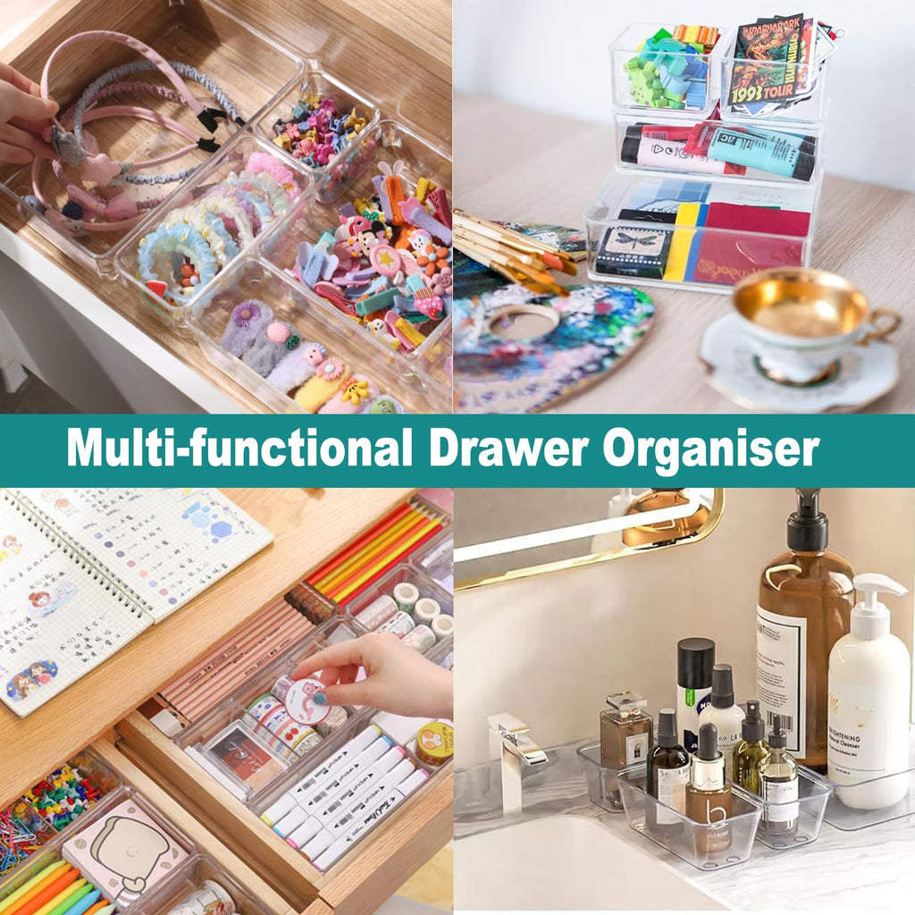 27 Pack Clear Plastic Drawer Organizer Set - 4 Sizes Makeup Vanity Organizer Chest of Drawers Storage Stackable Organizers Bins Divider Box for kitchens, Bedrooms, Bathrooms, Offices, Junk, Gadgets
