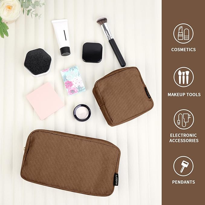 MAGEFY Small Makeup Bag for Purse Mini Cosmetics Bag Corduroy Cute Cosmetic Pouch for Women with Slip-in Pockets (Brown)