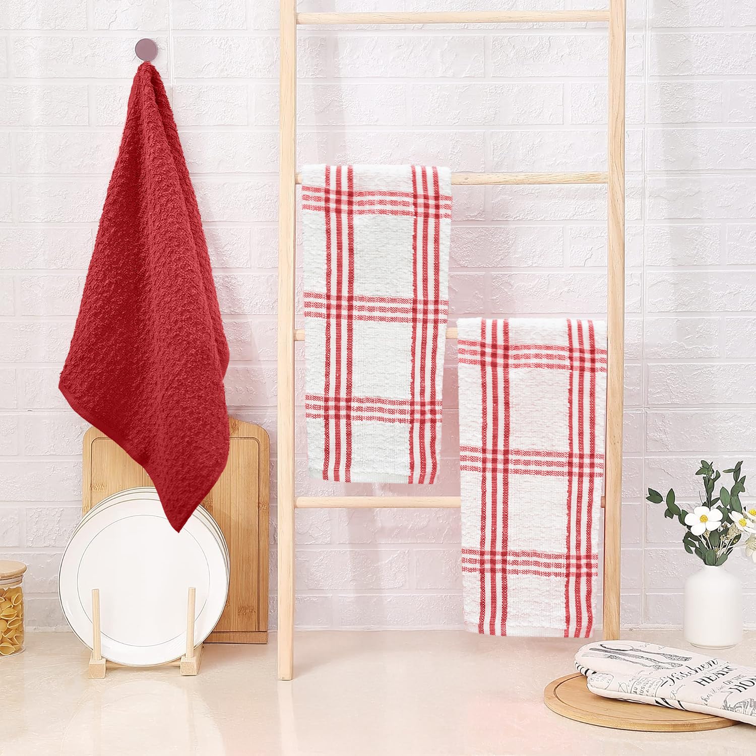 DAN RIVER Red Kitchen Towels, 12 Pack, 16x26 Inches Absorbent Dish Towels