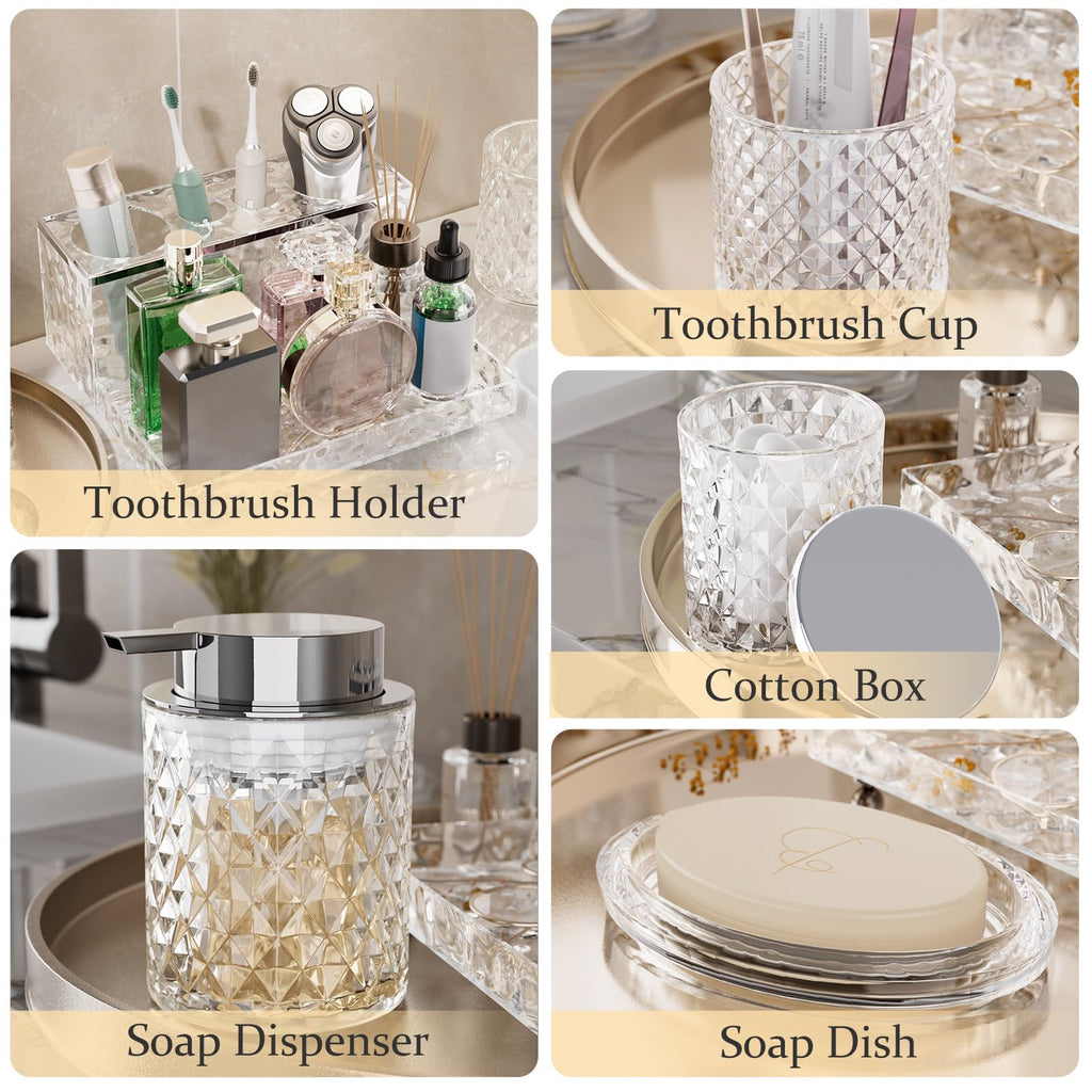 Glass Bathroom Accessories Set 5Pcs Crystal - Foaming Soap Dispenser, Soap Dish, Cup, Acrylic Toothbrush Holder with Tray Organizer, Qtip Jar, Bathroom Counter Set Sink Decor (Clear)