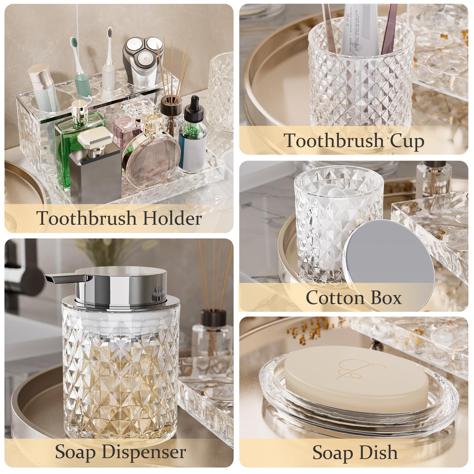 Glass Bathroom Accessories Set 5Pcs Crystal - Foaming Soap Dispenser, Soap Dish, Cup, Acrylic Toothbrush Holder with Tray Organizer, Qtip Jar, Bathroom Counter Set Sink Decor (Clear)