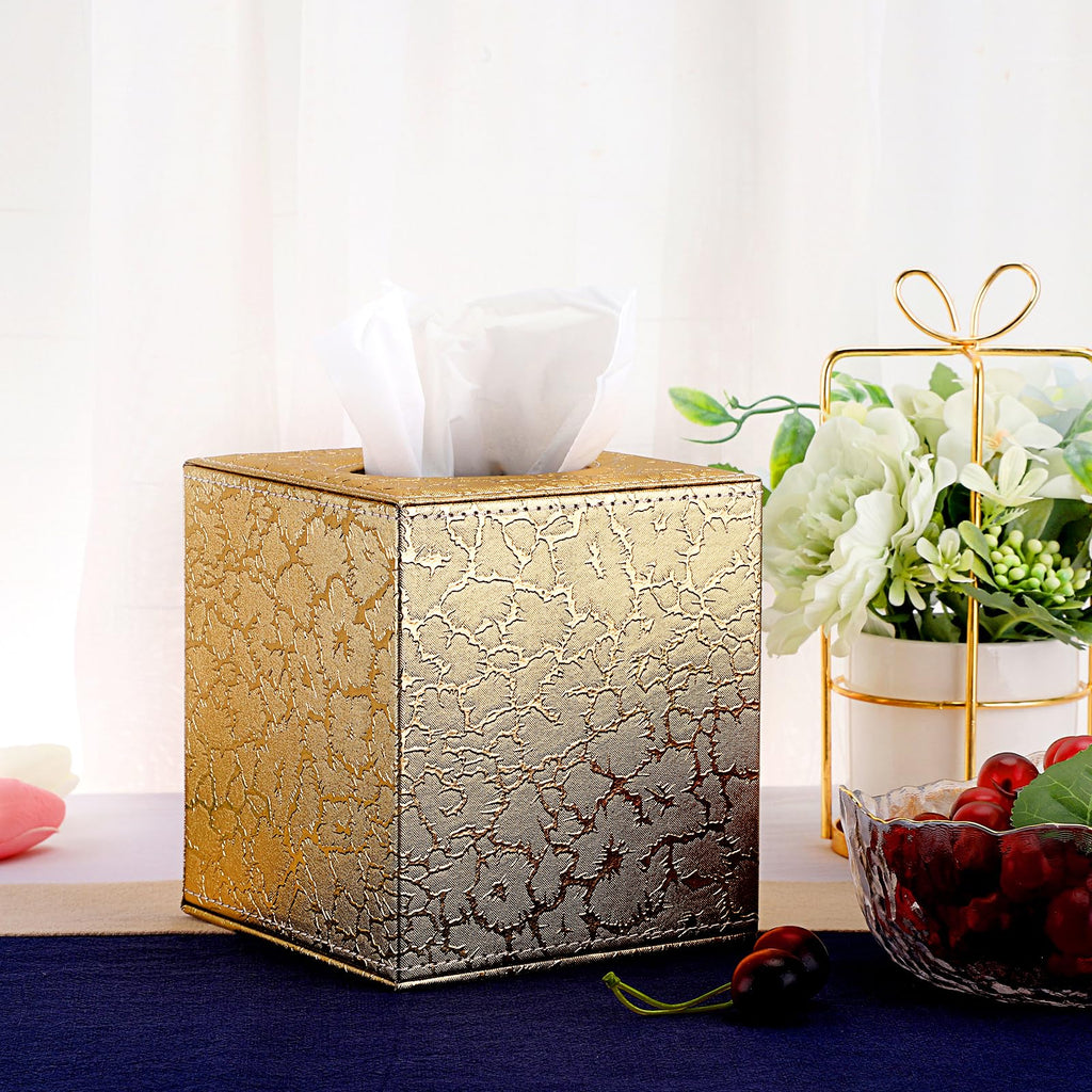 Sumnacon Square Leather Tissue Box Cover - Stylish Cube Tissue Box Holder with Magnetic Bottom, Decorative PU Tissue Box for Vanity Dresser Night Stand Table Countertop Home Office Car, Gold