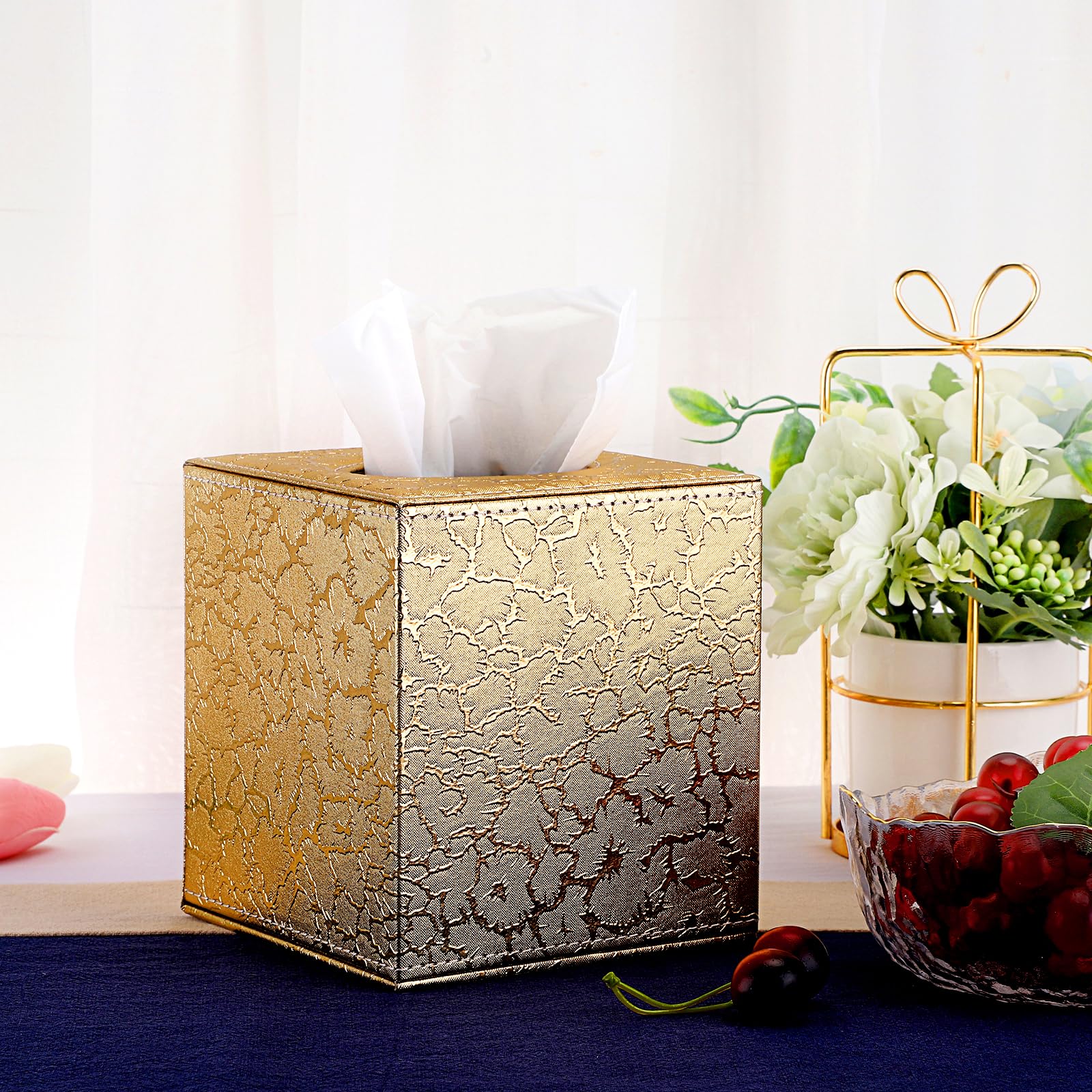 Sumnacon Square Leather Tissue Box Cover - Stylish Cube Tissue Box Holder with Magnetic Bottom, Decorative PU Tissue Box for Vanity Dresser Night Stand Table Countertop Home Office Car, Gold