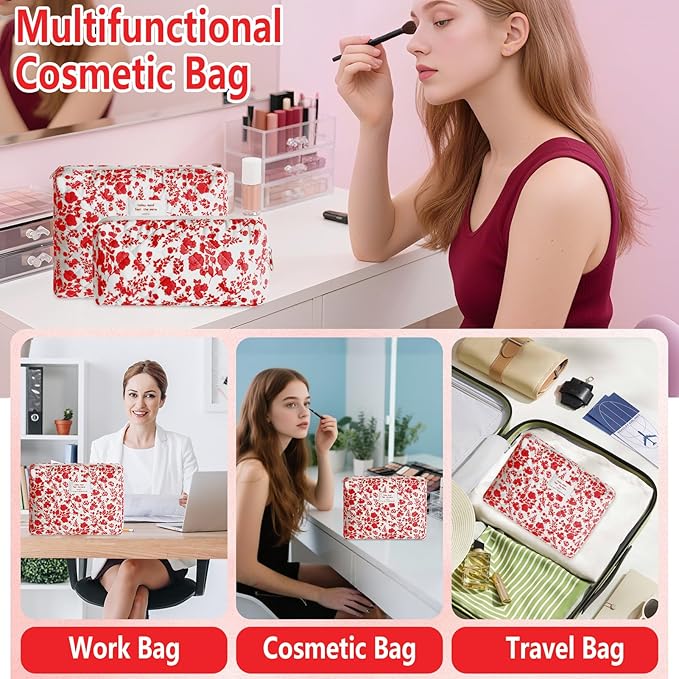 2Pcs Quilted Makeup Bag Set Flower Cute Pencil Case Large Small Travel Makeup Pouch Set for Women Coquette Makeup Bag Aesthetic Cotton Cosmetic Bag Hot Pink Toiletry Organizer Storage Bag Zipper Pouch